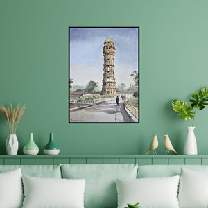 Preview of 'Chittorgarh Fort (Towering Vijay Stambh)' Painting by Ranabir Saha shown on a wall in a furnished room.