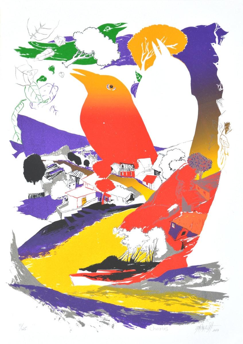 Landscape serigraphs painting titled 'Chorus', 28x20 inches, by artist Nabibakhsh Mansoori on Paper