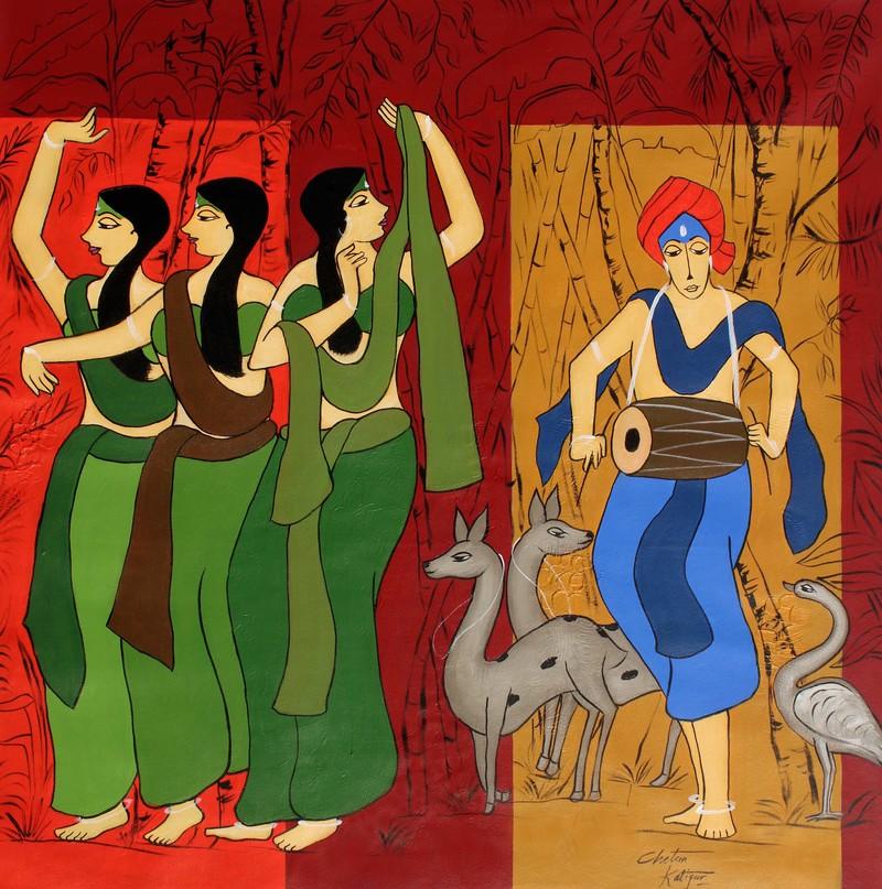 Figurative acrylic painting titled 'Chorus Gilrs', 33x33 inches, by artist Chetan Katigar on Canvas