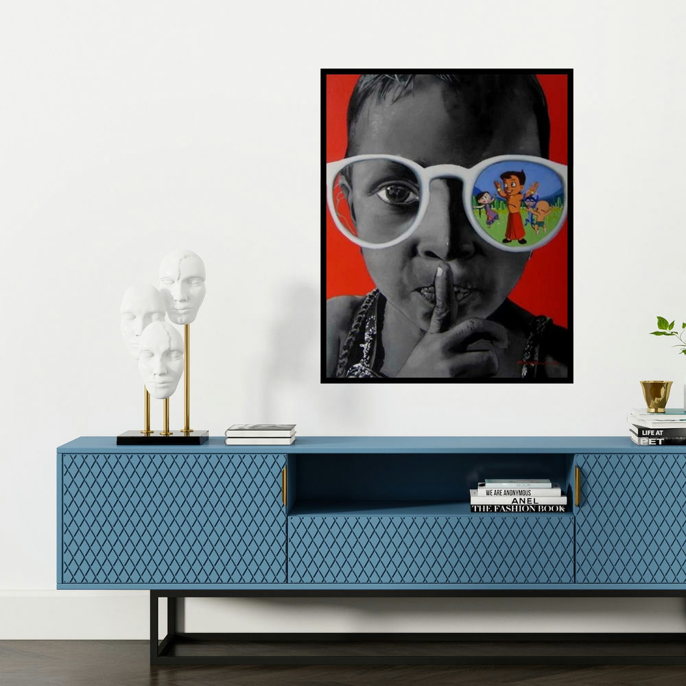 'Chota Bheem' painting by Manohar Rathod shown on a wall in a furnished room.