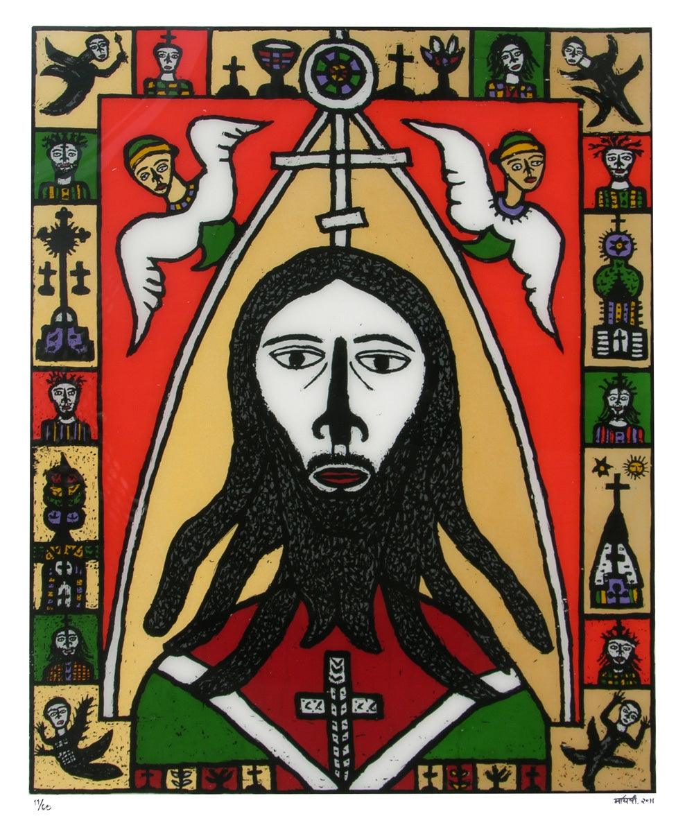 Religious reverse serigraph painting titled 'Christ', 48x40 inches, by artist Madhvi Parekh on Acrylic