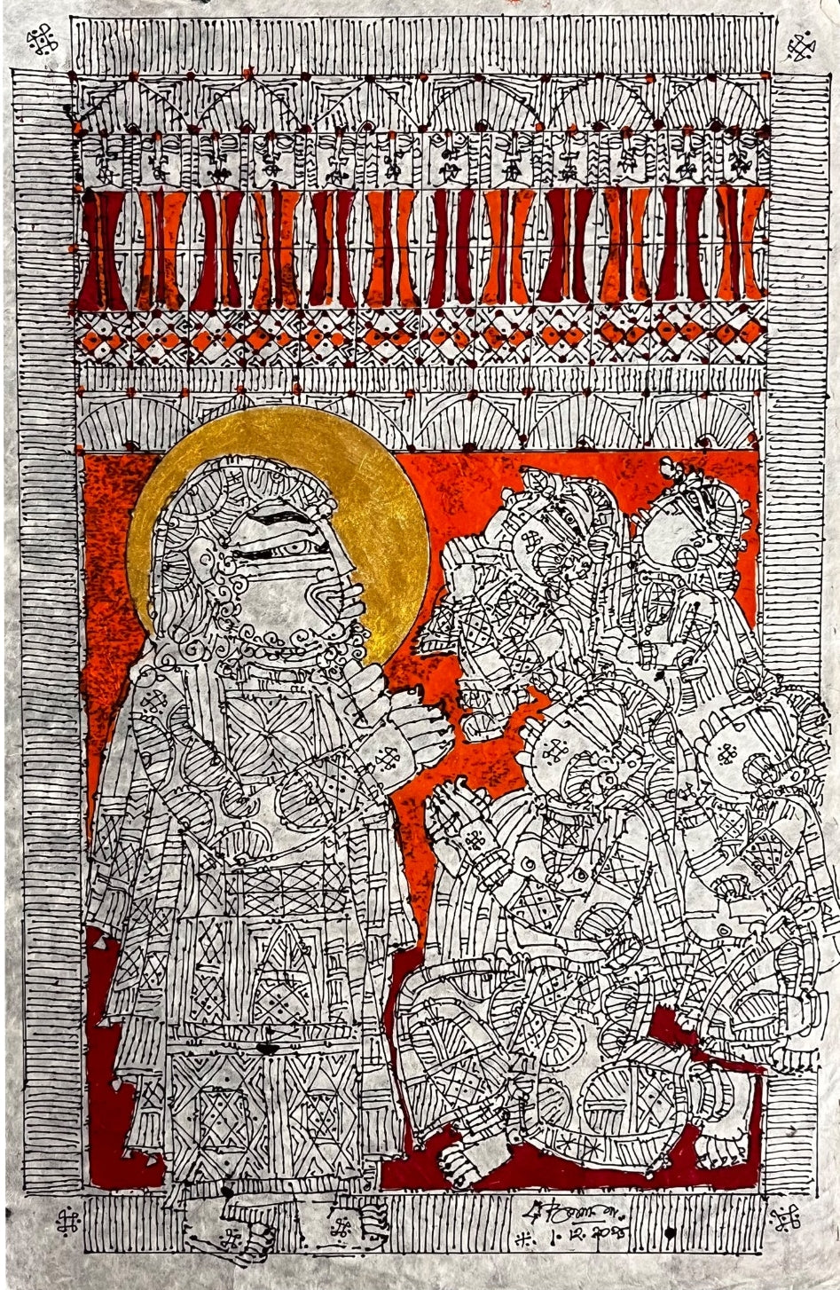 'Christ Blessing' religious acrylic painting by artist G Raman, 30x20 inch, on paper