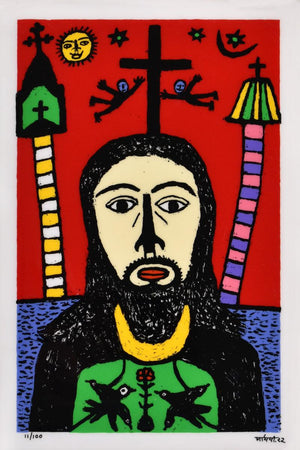 Religious reverse serigraph painting titled 'Christ By The River', 24x16 inches, by artist Madhvi Parekh on Acrylic