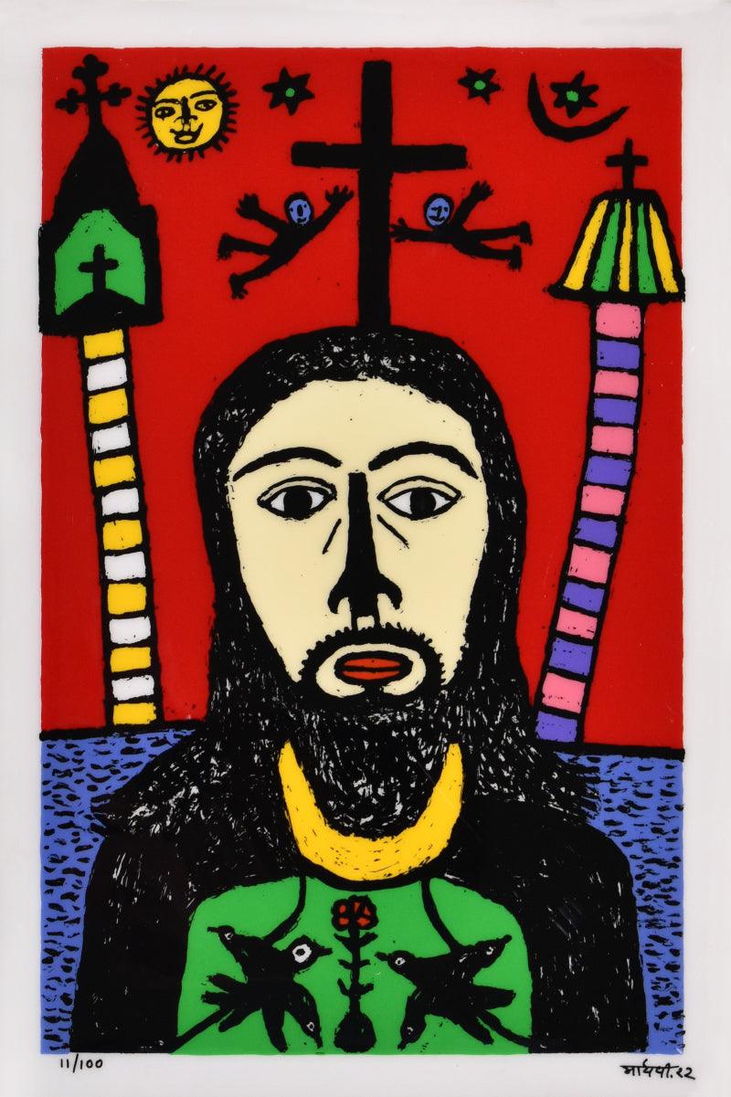 Religious reverse serigraph painting titled 'Christ By The River', 24x16 inches, by artist Madhvi Parekh on Acrylic