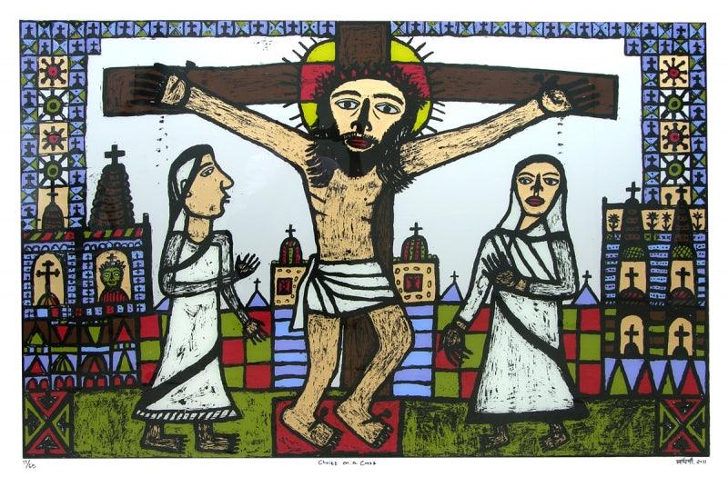 Religious reverse serigraph painting titled 'Christ On A Cross', 40x60 inches, by artist Madhvi Parekh on Acrylic
