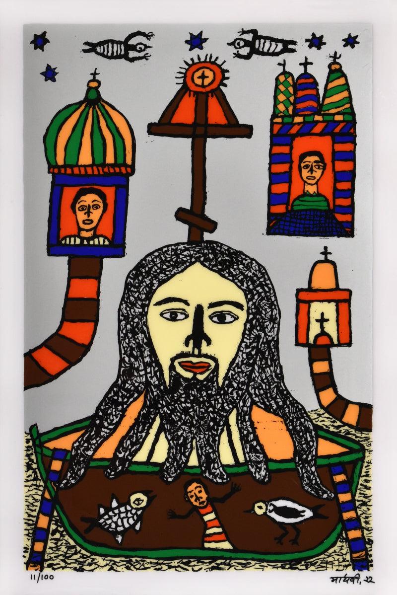 Religious reverse serigraph painting titled 'Christ On Boat', 24x16 inches, by artist Madhvi Parekh on Acrylic