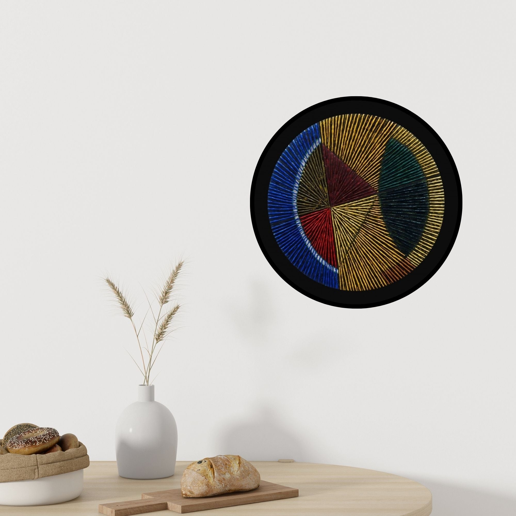 In-situ view of Sandesh Khule's 'Circular Geometrism Golden' painting in a room