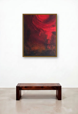 Circular Red Abstract (Lunar Eclipse) by artist Sanjay Akolikar displayed in a Rustic Hotel Lobby
