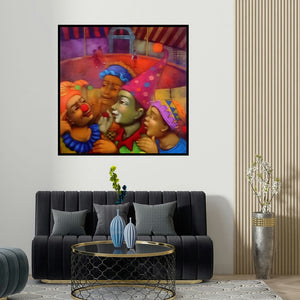 Apet Pramod's 'Circus' painting visualized above a sofa in a contemporary room.
