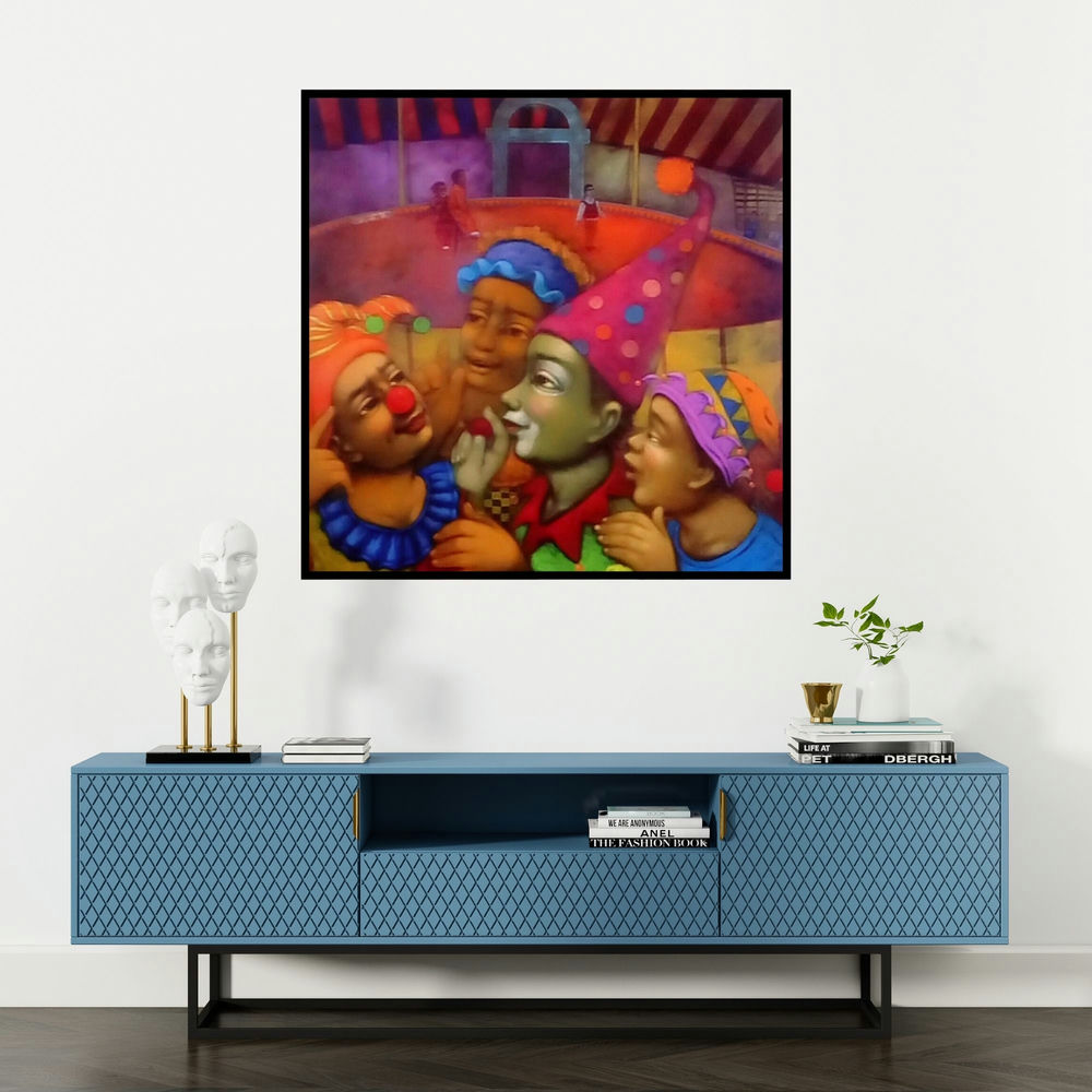 'Circus' painting by Apet Pramod shown on a wall in a furnished room.