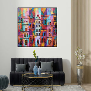 Suresh Gulage's 'City 91 (Urban Tapestry)' painting visualized above a sofa in a contemporary room.