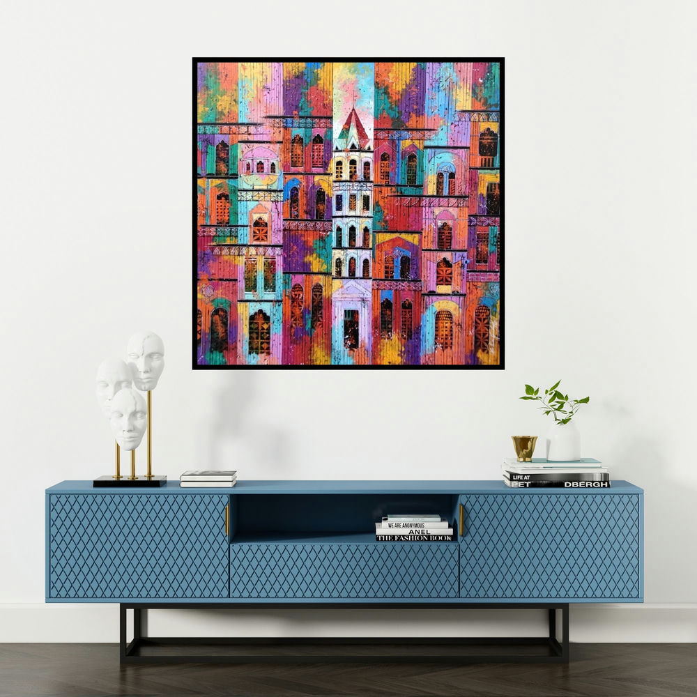 'City 91 (Urban Tapestry)' painting by Suresh Gulage shown on a wall in a furnished room.