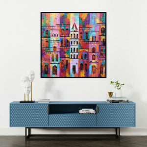 'City 91 (Urban Tapestry)' painting by Suresh Gulage shown on a wall in a furnished room.