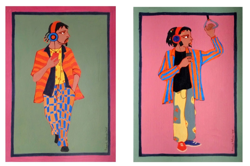 'City Frequencies 2' figurative acrylic painting by artist Prasanta Acharjee, 12x17 inch, on paper