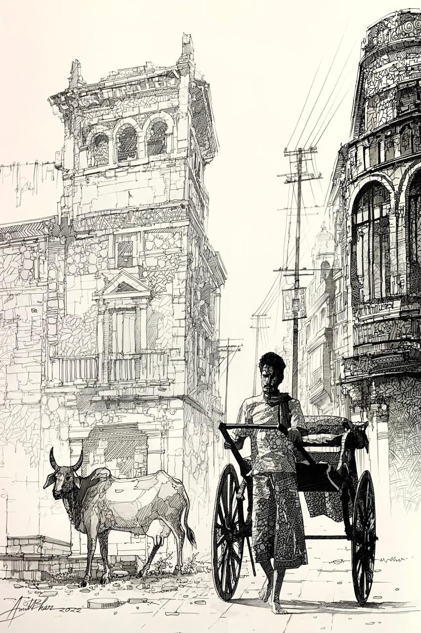 City Of Kolkata 1' cityscape mixed-media drawing by artist Amit Bhar, 22x15 inch, on paper