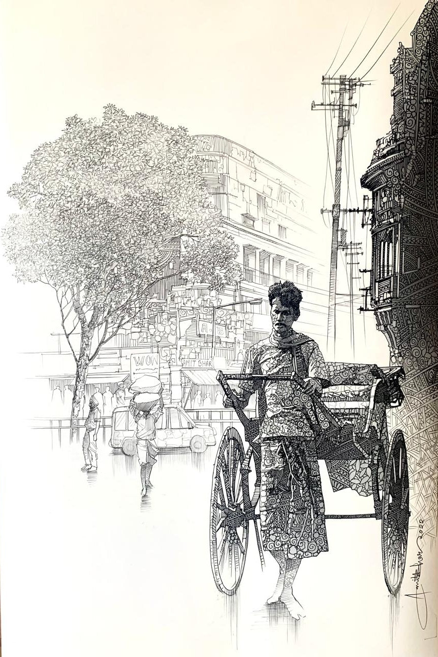 City Of Kolkata 2' cityscape mixed-media drawing by artist Amit Bhar, 22x15 inch, on paper
