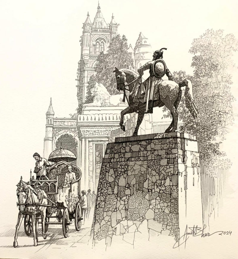 City Of Kolkata 3' cityscape mixed-media drawing by artist Amit Bhar, 12x12 inch, on paper