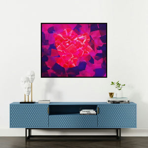 Shivani Garg's 'City Life (Crimson Confluence)' painting visualized above a sofa in a contemporary room.