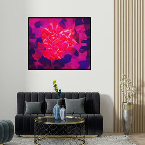 'City Life (Crimson Confluence)' painting by Shivani Garg shown on a wall in a furnished room.