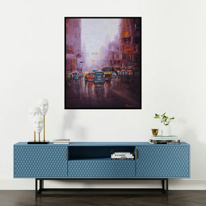 Purnendu Mandal's 'City Life (Rainy Day Commute)' painting visualized above a sofa in a contemporary room.