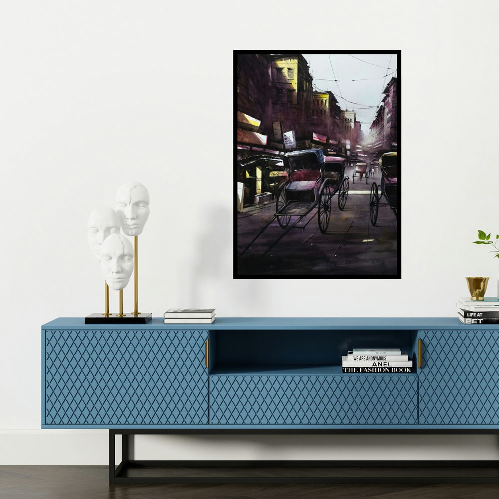 'City Of Light And Dark (A Glimpse of Kolkata)' painting by Sadikul Islam shown on a wall in a furnished room.