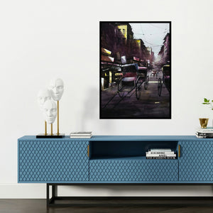 'City Of Light And Dark (A Glimpse of Kolkata)' painting by Sadikul Islam shown on a wall in a furnished room.