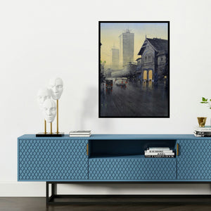'City Light' painting by Atul Gendle shown on a wall in a furnished room.