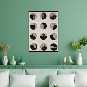 Preview of 'City Line 2 (Urban Vignettes)' Painting by Priya Dhoot shown on a wall in a furnished room.