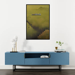 Preview of 'City Of Lustre (A Distant Dream)' Painting by Nirmal Yadav shown on a wall in a furnished room.