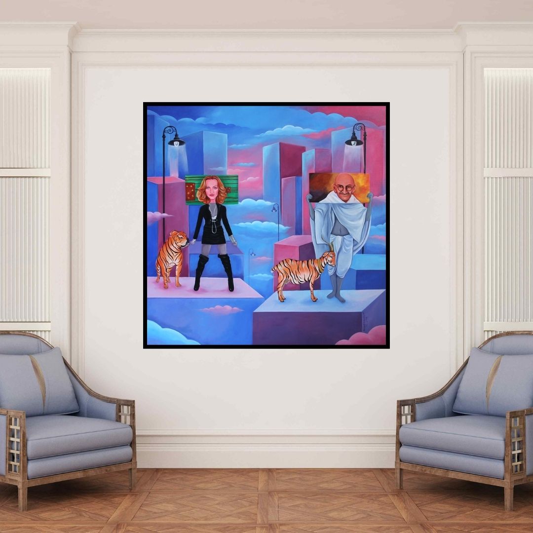 In-situ view of Anand Kumar's 'City Of Mask 1' painting in a room