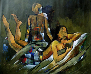 City Nights (Lost in the Screen) by Ranjith Raghupathy, Original Acrylic Figurative Painting on Canvas, Medium Horizontal Wall Art