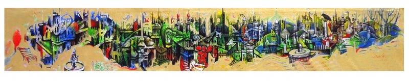 Landscape acrylic painting titled 'City of Bhopal', 72x12 inches, by artist Mahesh Pal Gobra on canvas