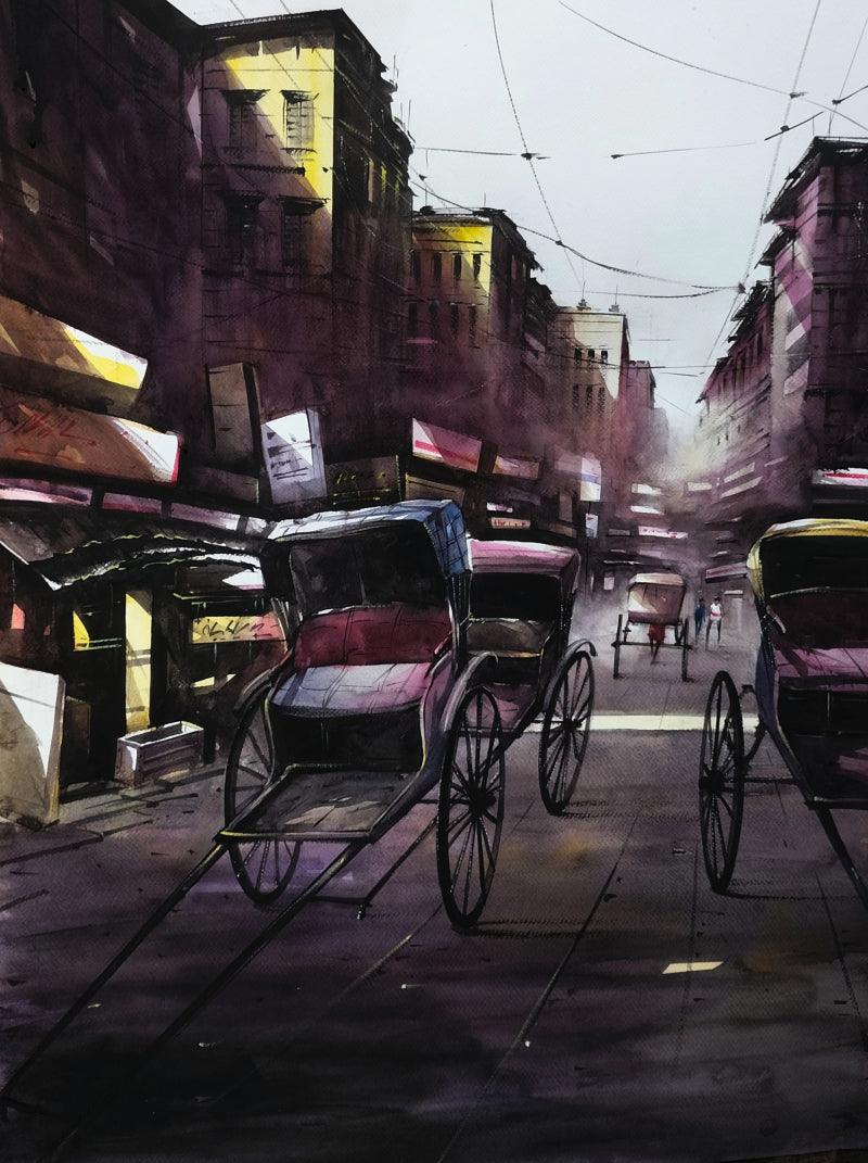 Cityscape watercolor painting titled 'City Of Light And Dark', 30x22 inches, by artist Sadikul Islam on Paper