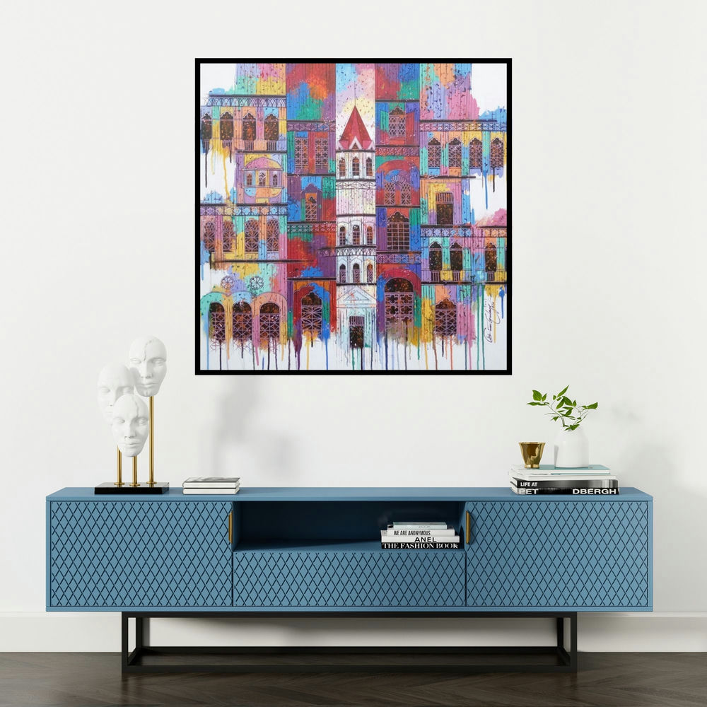 'City With Reflection 12 (A Symphony of Colors)' painting by Suresh Gulage shown on a wall in a furnished room.