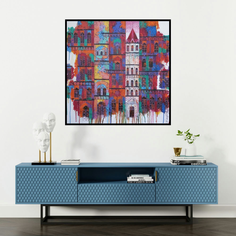'City With Reflection 5 (A Symphony of Colors)' painting by Suresh Gulage shown on a wall in a furnished room.