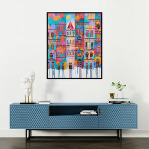 Suresh Gulage's 'City With Reflection 6 (Urban Tapestry)' painting visualized above a sofa in a contemporary room.