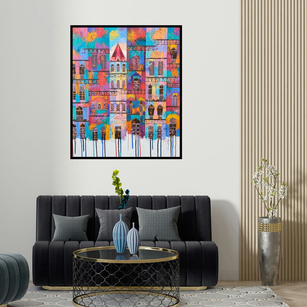 'City With Reflection 6 (Urban Tapestry)' painting by Suresh Gulage shown on a wall in a furnished room.