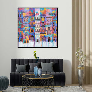 Suresh Gulage's 'City With Reflection 7 (Urban Tapestry)' painting visualized above a sofa in a contemporary room.