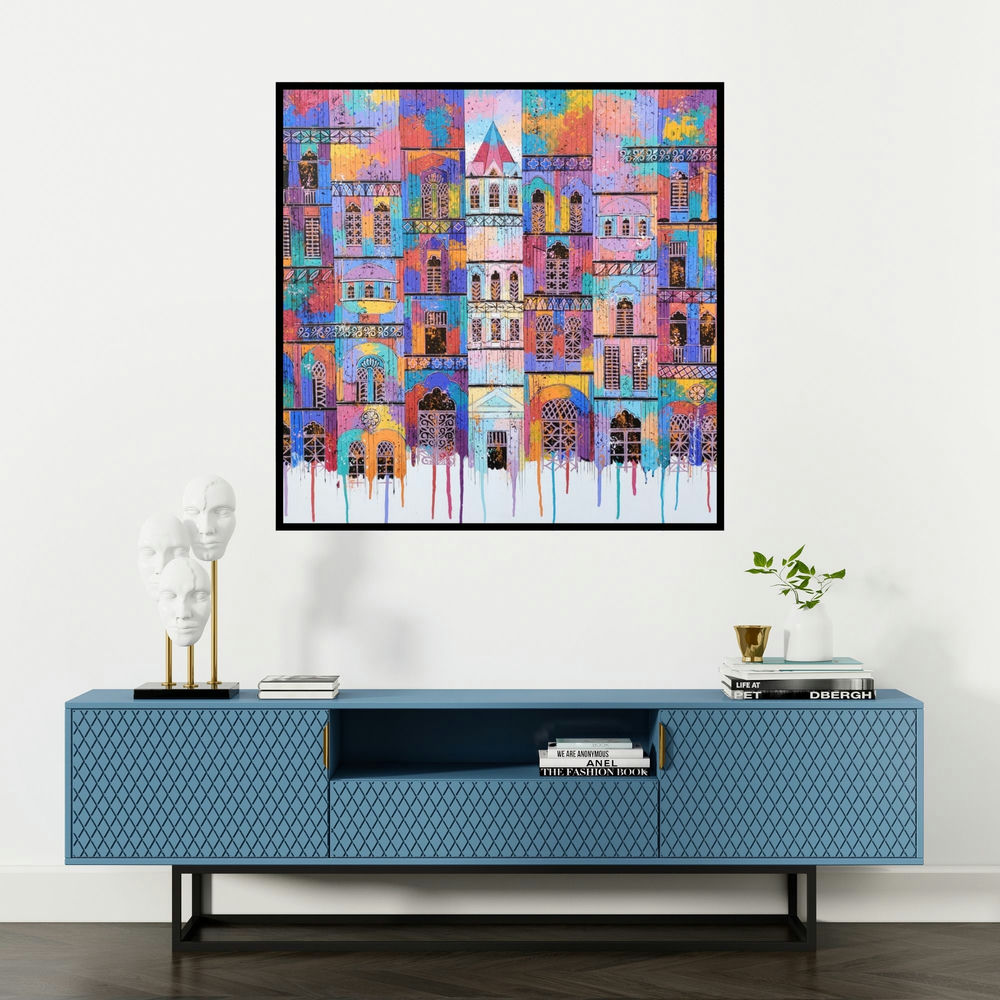 'City With Reflection 7 (Urban Tapestry)' painting by Suresh Gulage shown on a wall in a furnished room.