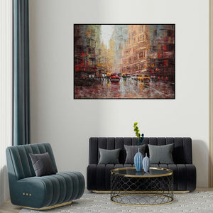 Purnendu Mandal's 'City Scape 2 (Monsoon Magic)' painting visualized above a sofa in a contemporary room.
