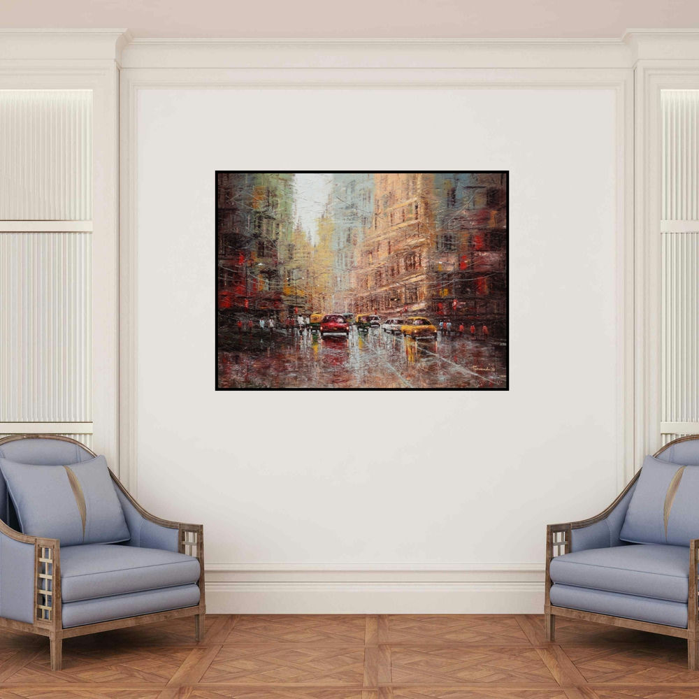 'City Scape 2 (Monsoon Magic)' painting by Purnendu Mandal shown on a wall in a furnished room.