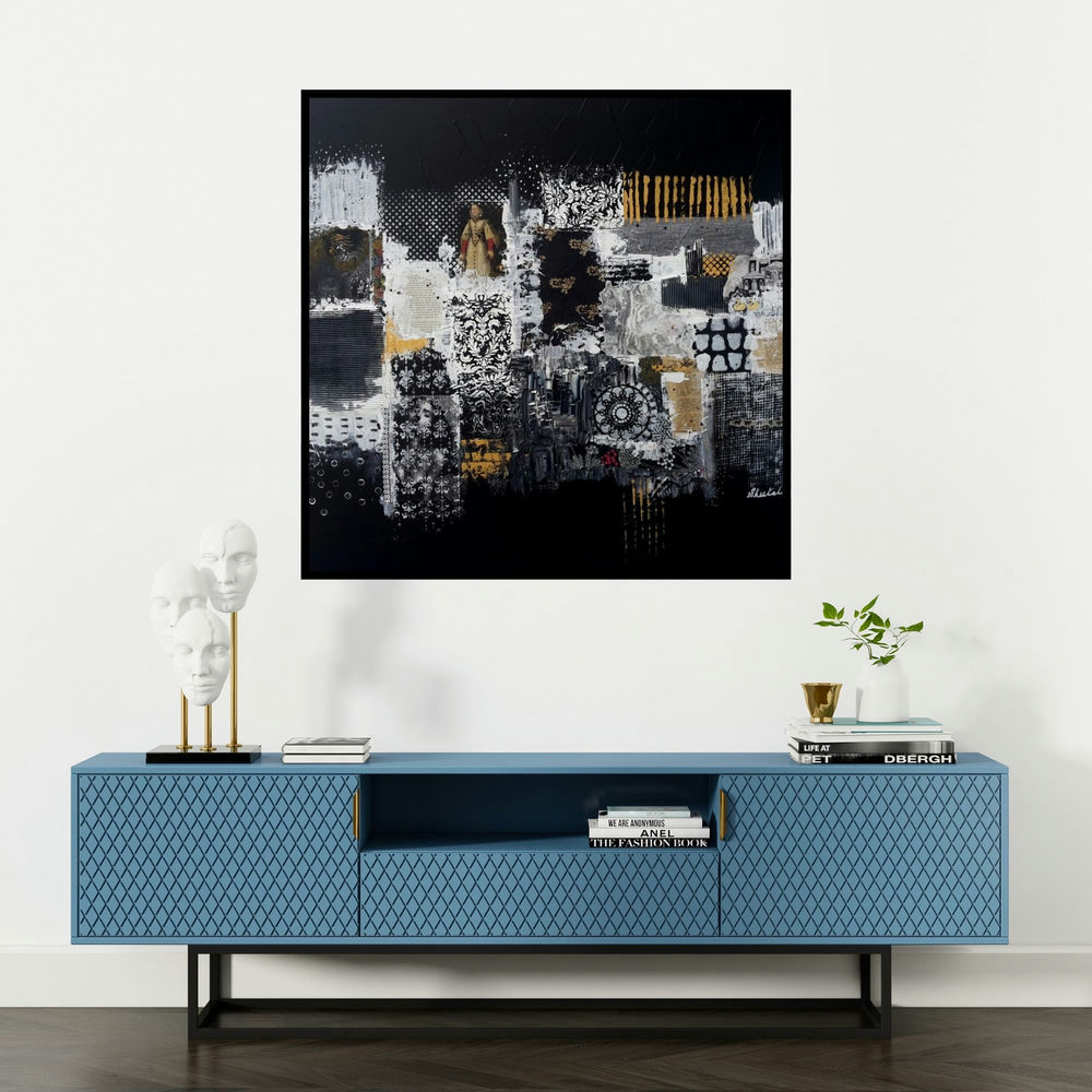 'City Too Busy' painting by Sheetal Singh shown on a wall in a furnished room.