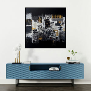 'City Too Busy' painting by Sheetal Singh shown on a wall in a furnished room.