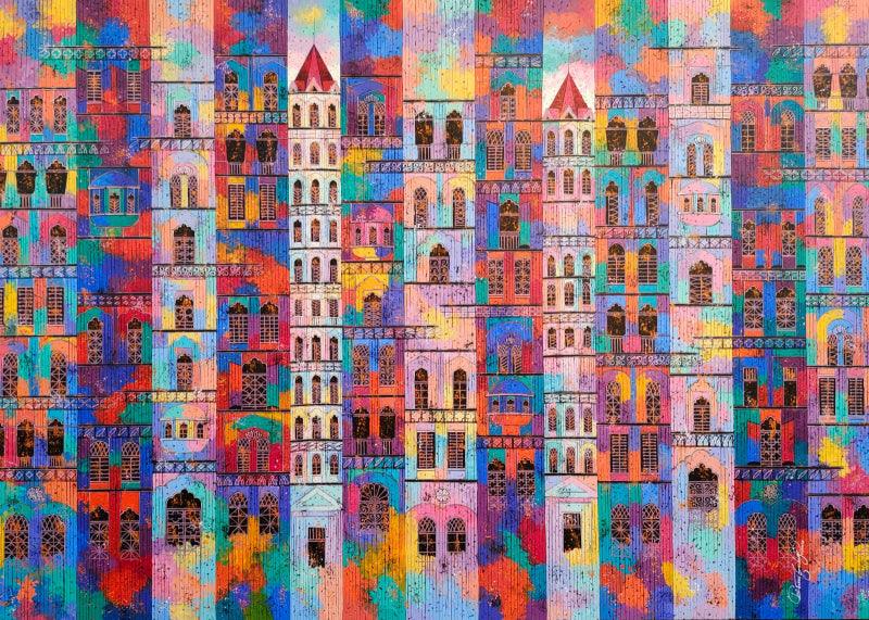 Cityscape acrylic painting titled 'City With Reflection 9', 60x84 inches, by artist Suresh Gulage on Canvas