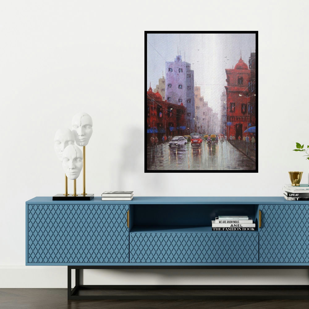 'Cityscape' painting by Purnendu Mandal shown on a wall in a furnished room.