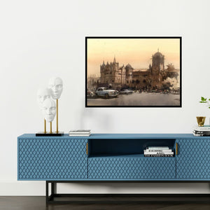 Preview of 'Cityscape 1 (Untitled)' Painting by Bijay Biswaal shown on a wall in a furnished room.