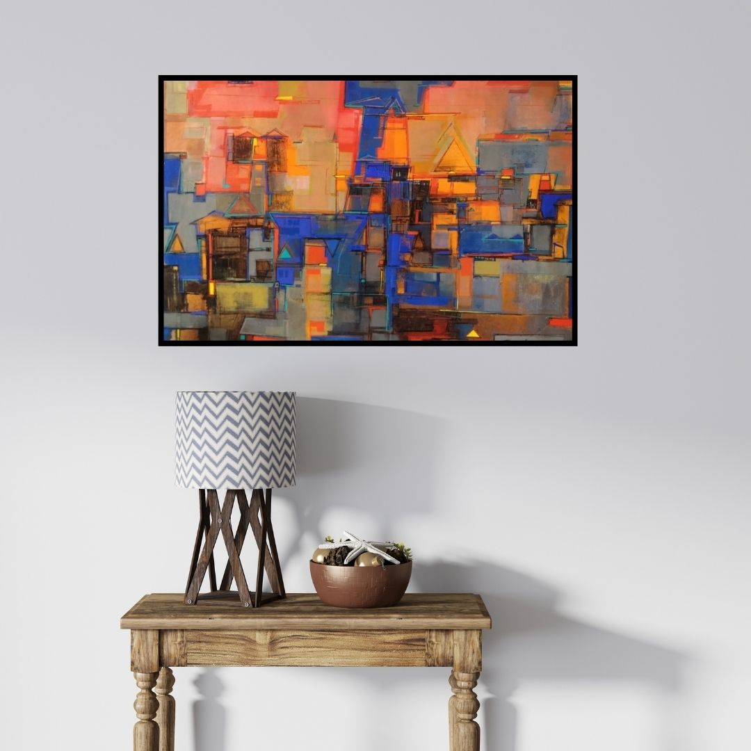 In-situ view of Iruvan Karunakaran's 'Cityscape 1 (Monsoon in Mumbai)' painting in a room