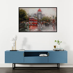 Preview of 'Cityscape 1 (Monsoon in Mumbai)' Painting by Iruvan Karunakaran shown on a wall in a furnished room.