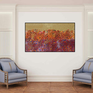 'Cityscape 10 (Golden Landscape)' painting by Rama Krishna V shown on a wall in a furnished room.