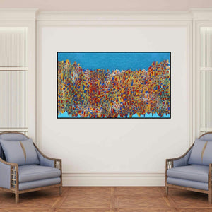 'Cityscape 11 (Abstract Cityscape)' painting by Rama Krishna V shown on a wall in a furnished room.
